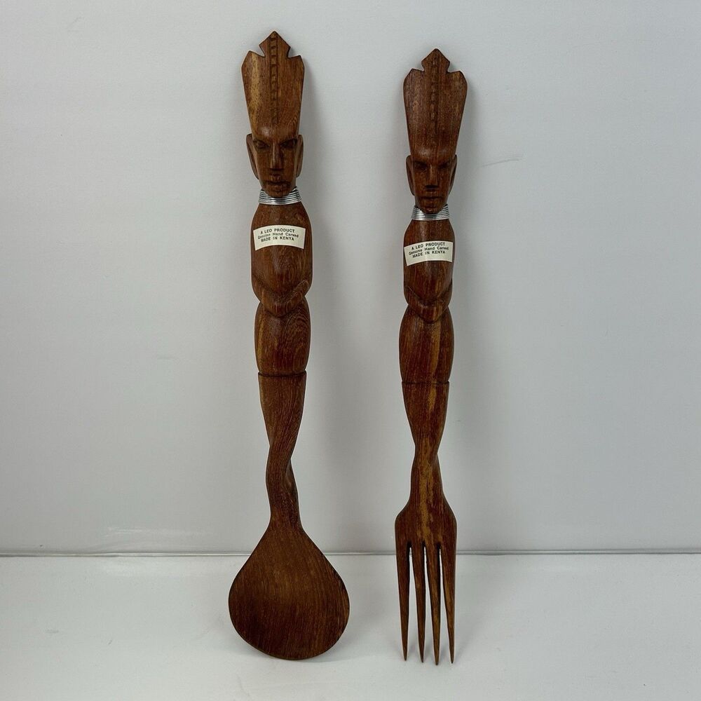 Hand Carved African Wooden Salad Server Spoon Fork Set Kenya A Leo Product